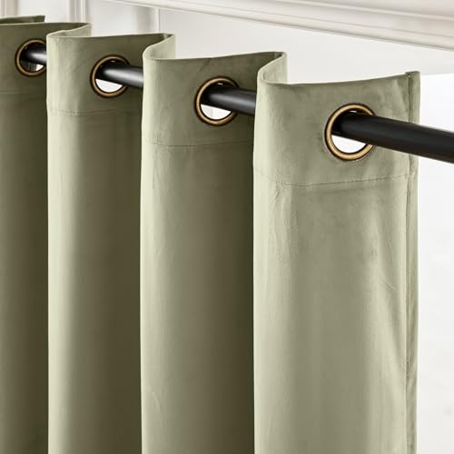 Image of Extra Long Olive Sage Velvet Curtains Grommet 52x108 Inch 2 Panels | Soft Velvet, For Tall Windows & High Ceilings, Light Shifting Texture, Elegant Drape, Serene, Fresh