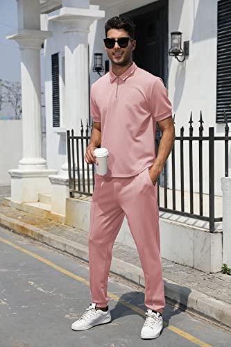 Fznhql Mens's 2 Piece Tracksuit Set Lightweight Soft Durable Sweatsuits Fashion Casual Outfit Sports Polo Shirts Two-Piece Running Jogging Sportswear Pink Xl #TOP1