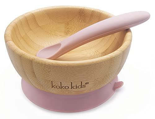 Koko Kids® Baby Bamboo - Cuenco de succión y cuchara de silicona para bebés y niños pequeños con anillo de succión fuerte (rosa) thumbnail