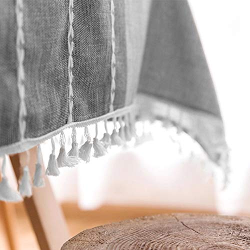 Oubonun Gray Tablecloth Embroidered Stitched with Fringe Tassels Rectangle Cotton Linen Fabric Stripe Table Cloth for Kitchen Dining, Party, Holiday, Christmas, Buffet, 55"x102", 8-10 Seats