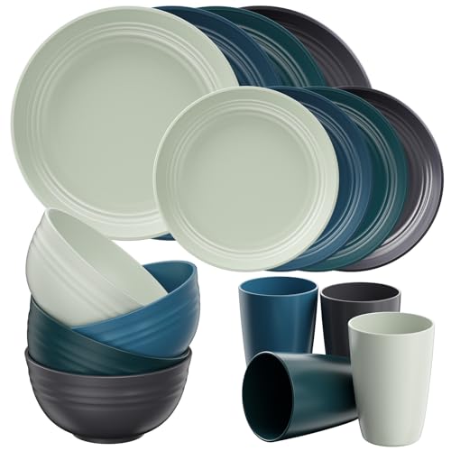 Quatish Kunststoff Geschirrset aus PP Unzerbrechliches Camping Geschirr Set für 4 Personen 16PCS Wiederverwendbare Tafel-Set für Kinder und Erwachsene Geschirrspüler Mikrowelle Sicher Grün