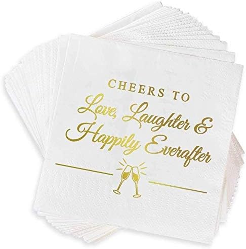 Napkins for Weddings, Rehearsal Dinners, More -"Cheers to Love, Laughter & Happily Ever After" Gold Lettered White Cocktail Napkins, 4.9 sq. in. Fancy Beverage Napkins & Decór by Bollepo (50)