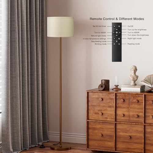 Image of Ambimall Floor Lamps for Living Room with Remote Control and Stepless Dimmable Colors Temperature & Brightness, 9W Bulb Included(Beige Lampshade & Brown Pole)
