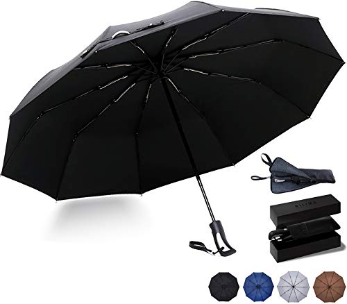 折りたたみ傘 ワンタッチ自動開閉 晴雨兼用 メンズ傘 大きい 耐風 高強度グラスファイバー 頑丈な おりたたみ傘 日傘 10本骨 超撥水 傘 超吸水収納ポーチと革カバー付き プレゼントケースも (ブラック)