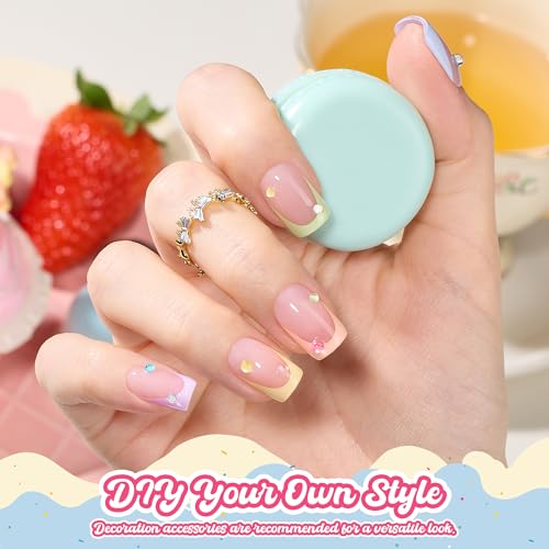 Image of Beetles French Tips Press On Nails Short Square Pastel 6 Colors 192Pcs | Short square Colored French tip fake nails in 6 colors with 192 pcs and 16 sizes for easy DIY manicures.