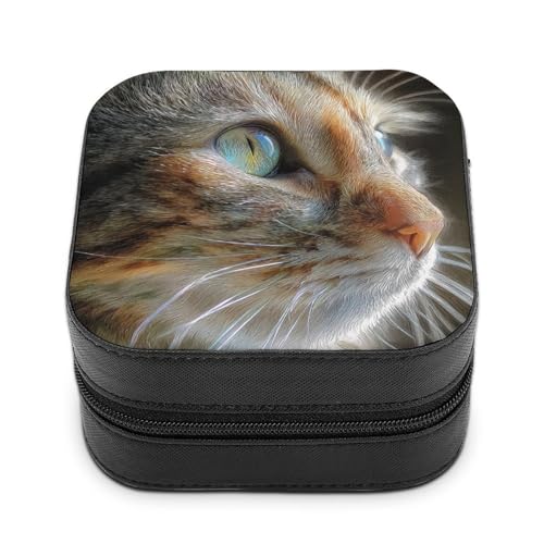 Jubonexis Joyero pequeño con retrato de gato, animal doméstico, portátil, de piel sintética, mini expositor, caja de almacenamiento, estuche de viaje para mujer