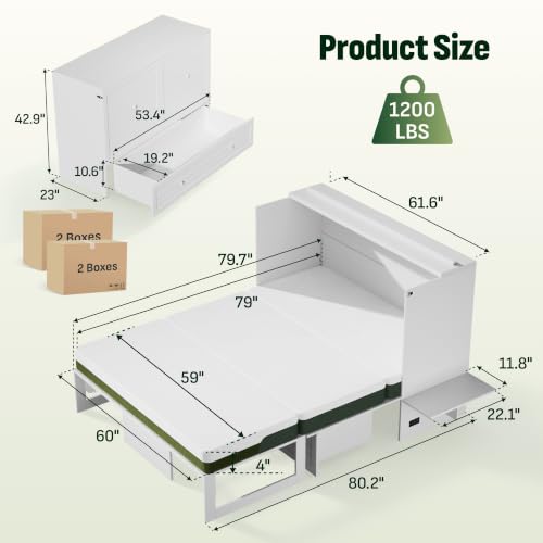 Image of Softa Queen Murphy Bed Cabinet with Mattress Included, 6 inch Tri-Fold Mattress, Storage Drawer & Charging Station, 1200 Lb Heavy Duty Wood Wall Bed with Fold-Down Desk for Guest Room & Home Office