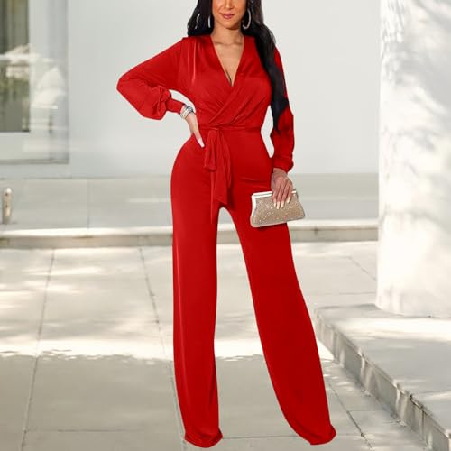 Image of shengfan Formal Jumpsuits for Women Dressy Evening Sexy Deep V Neck Plus Size Long Wide Leg Pants Rompers Clubwear