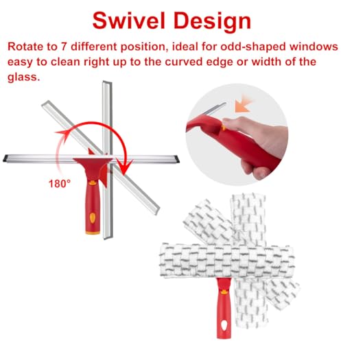 Image of Squeegee for Window Cleaning, 12 inch Squeegee and 11 inch Microfiber Scrubber Combi with Stainless Steel Pole, Extendable Window Cleaner for Car, Sliding Door, Shower Glass Door-Swivel Style-2 Pads