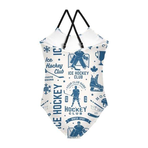 Ice Hockey Girls One Piece Swimsuits Retro Sport Halter Swimwear Beach Bathing Suit 9-10T Multi2