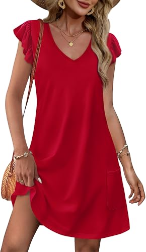 OFEEFAN Womens Spring Summer Dresses 2026 Seniors Sundresses Beach Vacation Clothes Boho Casual Elegant Classy Outfits Plain Red L