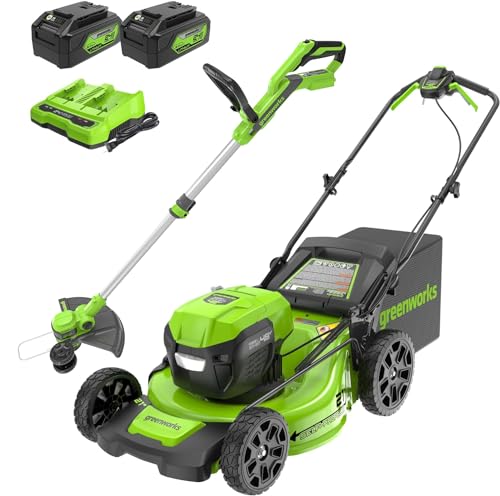 Greenworks 48V (24V x 2) 21" Cordless Battery Self-Propelled Lawn Mower w/Two (2) 5.0Ah USB Batteries & Charger 24V 12" Cordless Battery String Trimmer/Edger (Tool Only) Kit