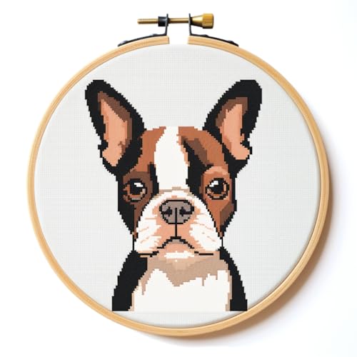 Image of Generic Cartoon Boston Terrier DIY 11CT Stamped Cross Stitch Kits Easy for Beginners Children with Hoop Needlepoint Counted Embroidery Kits Art Craft Wall Decoration 12x12inch(2)