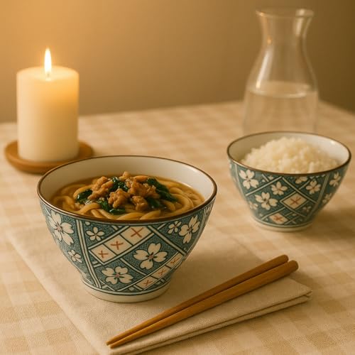 Image of YELONA Japanese Style Ceramic Bowls - 4.8 Inch (300ml), Set of 4 - Checkered Design Rice /Noodle Bowls - Microwave & Dishwasher Safe, Ideal for Gifting Choice