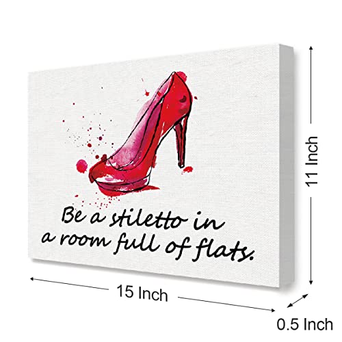 Be A Stiletto In A Room Full Of Flats Quote Canvas Framed Wall Art, Red Woman High Heels Fashion Canvas Framed Print For Girls Women Bedroom Dorm Bathroom Wall Decor 15" X 12" #TOP1