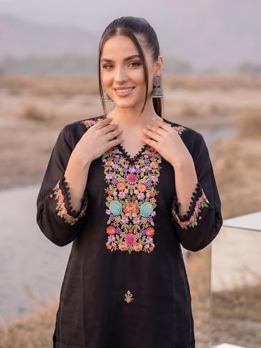 Image of INDO ERA Women's Silk Blend Embroidered Thread Work Kurta & Pant with Dupatta Set