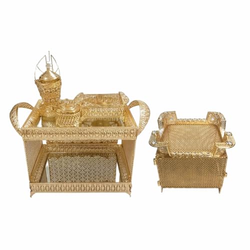 Traditional Ethiopian Eritrean Arab Metal Coffee Table Set, Gold-Tone Decorative Rekebot, 5 Pieces Rectangular Shape