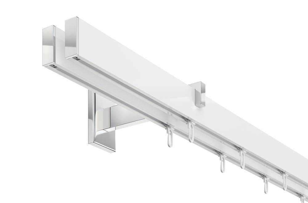 DécoProfi Gardinenstange Innenlauf 2-läufig Set Long rechteckig Weiß/Verchromt I Länge: 160cm Aluminium für Wandmontage I Als Gardinenschiene & Vorhangstange geeignet