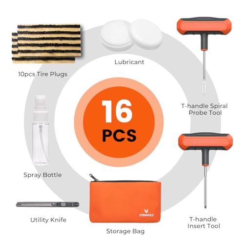 Image of ETENWOLF Flat Tire Repair Kit with Plugs 16 Pcs, Heavy Duty Tire Plug Kit for Car, Motorcycle, ATV, Jeep, Truck, Tractor (Vivid Orange)