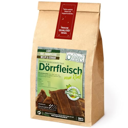 ORIGINAL LECKERLIES 2kg Dörrfleisch vom Rind für Hunde – Muskelfleisch, Rinderdörrfleisch, Kauartikel, Kausnack ohne Zusätze, Naturprodukt, fettarm, barfen, Hundeleckerlies, Hundefutter