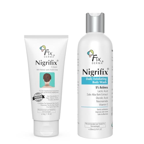 Fixderma Nigrifix Cream + 5% Actives Exfoliating Bodywash Combo | Cream for Underarm Whitening, Dark Neck, Ankles, Knuckles & Elbows | Exfoliating Shower Gel for Women & Men | All Skin Type - 250ml