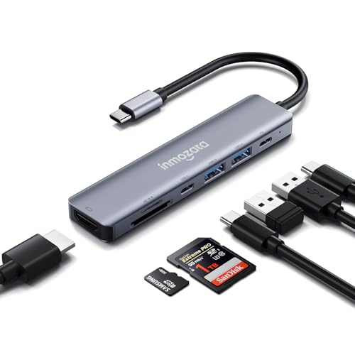 INMOZATA Hub USB C 7 en 1 con HDMI 4K, 2 puertos USB, 100 W PD, ranura para tarjeta SD/tf, funda de aluminio compatible con MacBook, iPad Pro, iMac, iPhone 15 Series