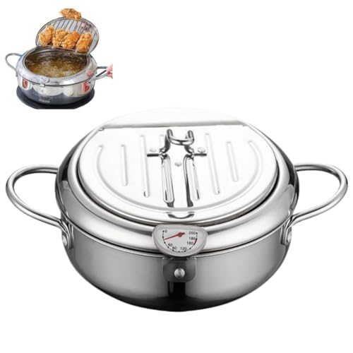 揚げ鍋 天ぷら鍋 20cm 24cm 28cm ガード枠 バッド蓋付 温度計付き 201/304ステンレス鋼製 家庭用 IH・ガス火対応 省油設計 可調温度 油切れ良好 (304,A-20cm)