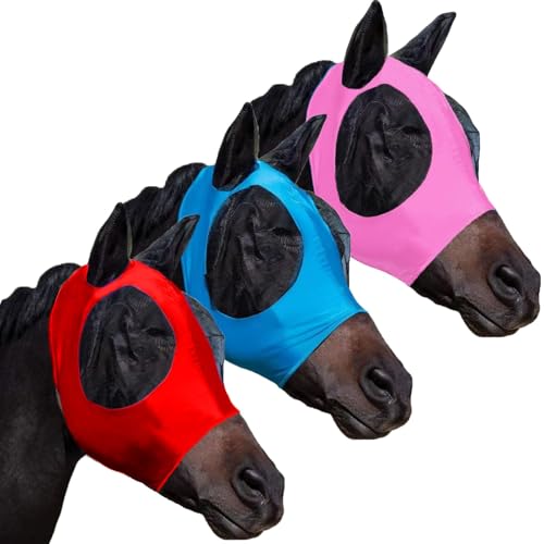 HUAME Fly Masks for Horses with Ears Set of 3 Comfort Fit Stretchy Fabric with UV Protection Soft on Skin Breathability for Average Size Horses (Red-Blue-Pink)