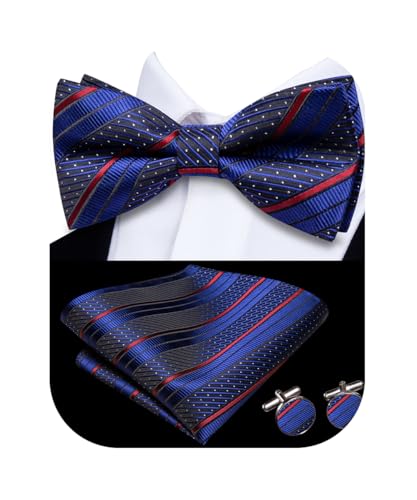 Image of Hi-Tie Navy Blue Red Pre-Tied Bowties for Men Silk Clip On Strip Mens Bowtie Pocket Square Cufflinks Set for Wedding Party