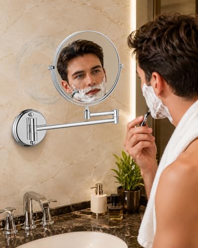 Image of BATH GURU 8 Inch 360 Shaving Mirror | Chrome Finish & 3X Magnification | Mirror for Makeup with Wall Mount Bracket | Shaving & Makeup Mirror for Bathroom & Vanity | 360 Swivel Extendable Arm