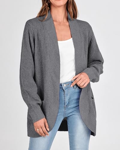 Image of KIRUNDO Cardigan Sweaters for Women 2024 Fall Open Front Long Sleeve Loose Lightweight Knit Sweater Coat with Pockets(Dark Grey, Small)