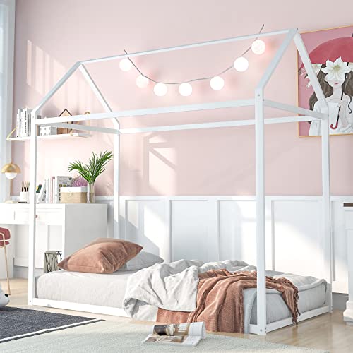 Image of Twin House Bed for Kids, Montessori Bed Frame Metal Platform Bed Floor Bed for Boys Girls, No Box Spring Needed - White