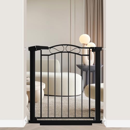 Fairy Baby 29.53'-32.28' Wide Baby Gate with Door, Walk Through Baby Gates for Stairs Pressure Mounted no Drill, Indoor Tension Metal Pet Dog Gate, Auto Close Child Safety Gate, Black
