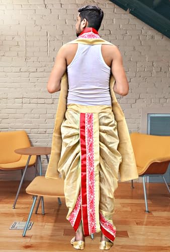 Image of Men's Ethnic | Traditional Ready to wear (Pant System) Readymade Panchakacham Dhoti With Angavastram(Towel) Set, Tassar Silk, Free Size (GC002)