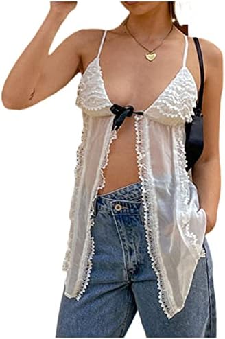 Creaion Women Lace Trim Flyaway Cami Sheer Halter Neck Y2k Tank Top Trendy Ruffle Open Back Crop Tops Summer 2023, White Frill Cami Top
