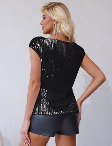 FOLUNSI Womens Sparkly Sequin Tops Cowl Neck Cap Sleeve Glitter Evening Cocktail Blouse Party Shirt4
