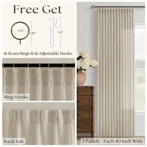 Image of Oatmeal Semi Sheer Pinch Pleated Linen Curtain 94 Inch Long for Living Room | Boho Farmhouse Rustic, Memory Shape Hook Rings, Non See Through Privacy, Apartment Patio, Burlap Textured, Neutral Warm Beige