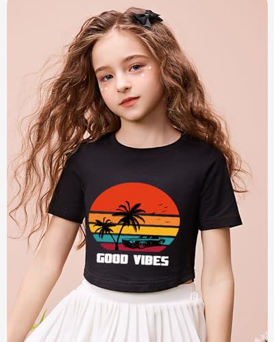 Image of DDSOL Girls Crop Tops Summer Palm Tree Sunset Beach Shirt Hawaii Short Sleeve Tropical Tshirts for Teen Girl 6-14 Years