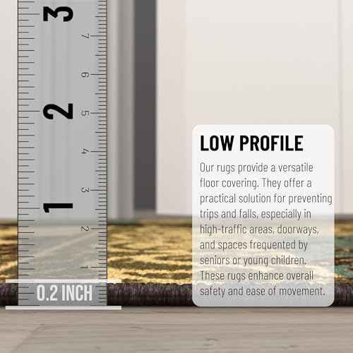 Ottomanson Hallway Runner Rug 1'10" x 7' Non Slip Damask Area Rugs Easy to Clean Laundry Rug Runner Durable & Pet Friendly Floor Carpet Runners for Hallways Entryway Living Room Kitchen, Brown/Green