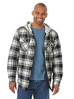Wrangler mens Long Sleeve Quilted Lined Flannel Jacket With Hood Button Down Shirt, Caviar With Black Hood, Medium US