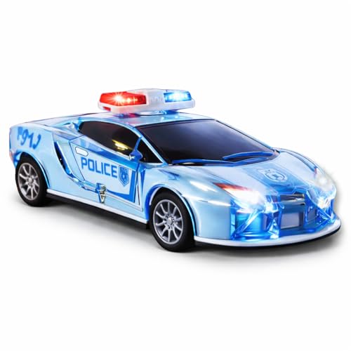 Image of Friction Powered Police Car Toy for Kids with Pull Back Action Super Speed Cop Vehicle with RGB Lights Music Siren Sound Birthday Gift for Boys Girls Toddlers [Blue 1007]