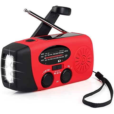 Wind Up Solar Radio, MOMSIV Portable Emergency Hand Crank Dynamo AM/FM Weather Radio with Rechargeable USB Phone Charger, Bright Led Flashlight for Household Outdoor Camping, Hiking Survival, Red Cover