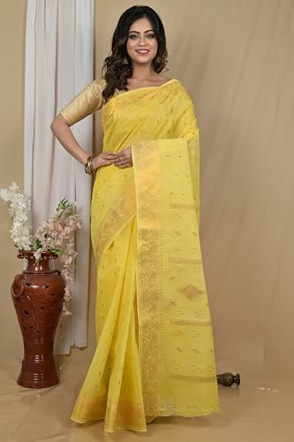 Image of eC ESHA'S COLLECTION Women's Kerala Cotton Floral Motif Printed Zari Bordered Tant Saree Without Blouse Piece