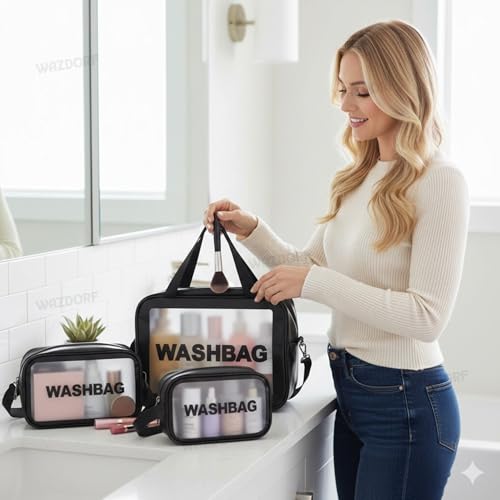 Image of Wazdorf Cosmetic Pouch Bag - Large Waterproof Wash Bag with Handle, Translucent Cosmetic Organizer for Makeup, Brushes & Accessories - Unisex Storage Pouch for Travel & Bathroom Use (Black-3 Pcs)