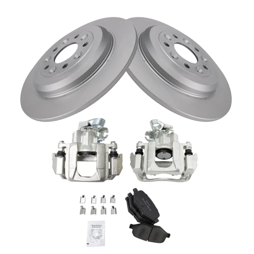 Image of TRQ Rear Brake Pad and Rotor Set Semi Metallic Coated Rotors Calipers Compatible with 2009 Ford Flex 2010-2012 Taurus 2009-2012 Lincoln MKS