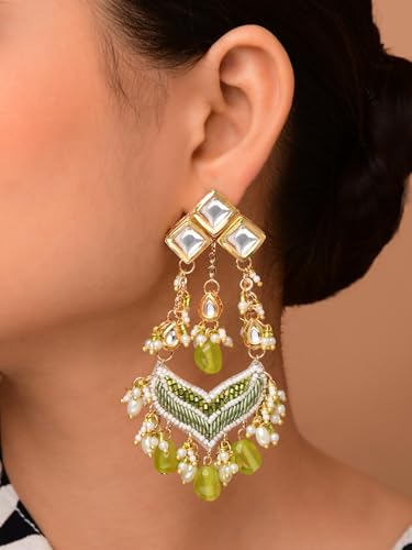 Image of SANJOYA by EVERSTYLISH Kundan Earrings for Women | Polki & Green Beaded Statement Dangler Earrings | Ethnic Jewelry for Weddings, Festivals & Special Occasions