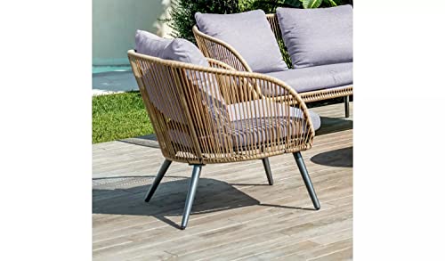 Image of DEVOKO 4 Seater Sofa Outdoor Indoor Conversation Patio Garden Rope Furniture Set with Cushion and Center Table Wooden Top for Garden, Bacony, Poolside (Beige & Grey)