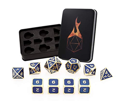 Forged Dice Co. Metal Dice Set - Polyhedral Dice Set of 10 with Dice Storage Tin and Stickers - Metal DND Dice and Gaming Dice for Dungeons and Dragons RPG Games Guardian Gold w/Blue Enamel