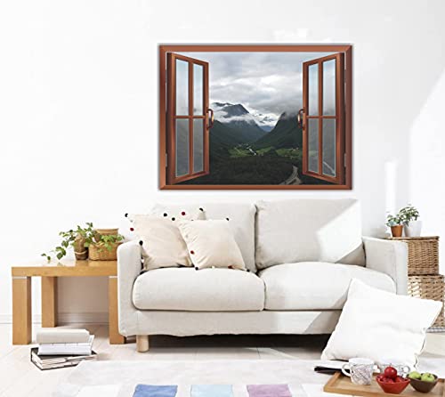 Image of CVANU Beautiful Green High Mountain Covering with White Clouds, Removable Fake Window Wall Stickers /Decals for Living Room Cv 43