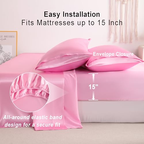 NTBAY Silk Satin King Sheet Set, 4-Piece Luxury and Soft Bedding Set Cooling Silky Sheets for Hair and Skin, Includes 2 Pillowcases, 1 Flat Sheet, 1 Fitted Sheet with Deep Pocket, Pink - Image 6